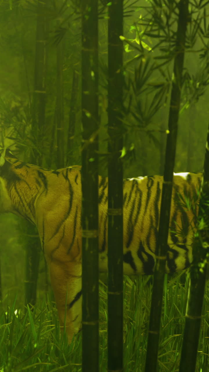 Majestic tiger roaming through lush bamboo forest in soft dappled light