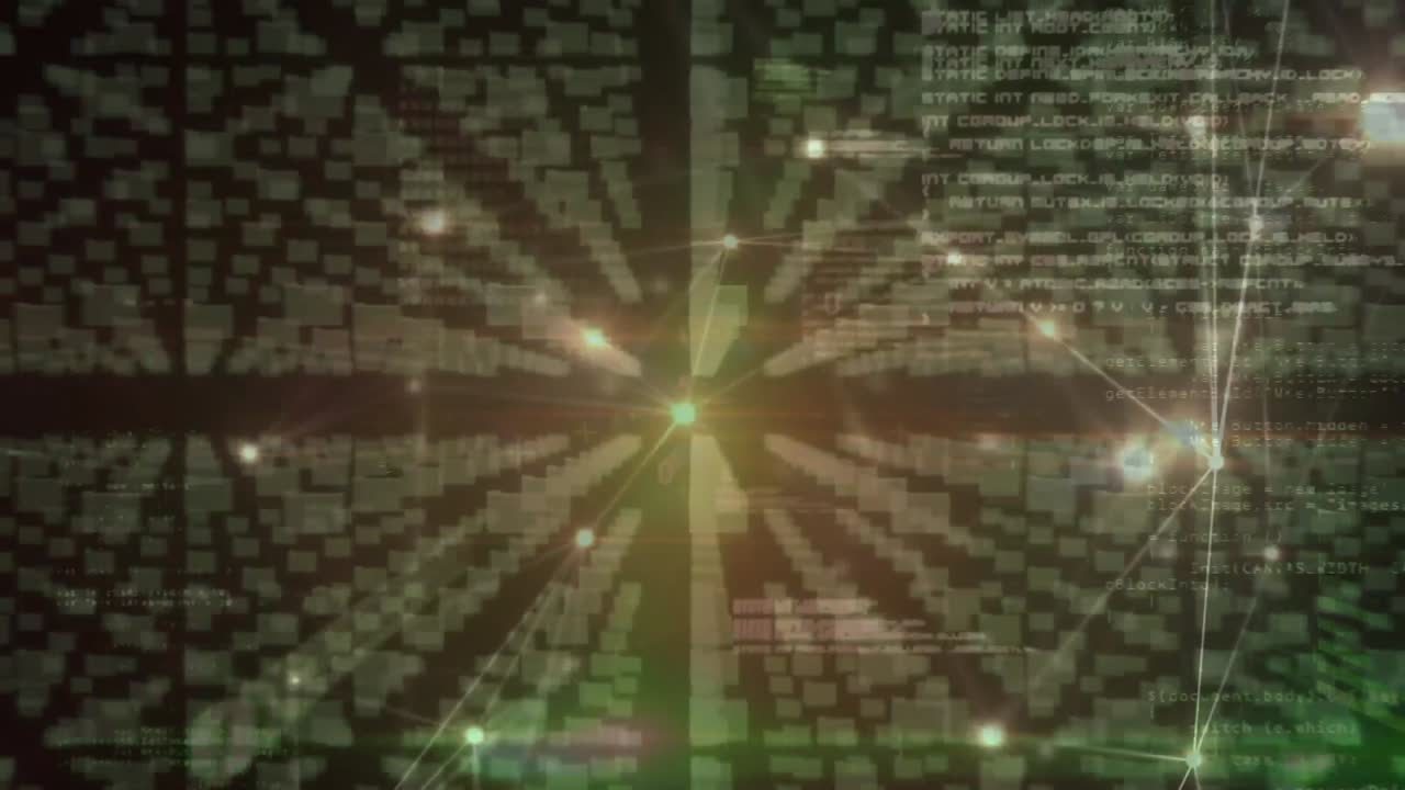 어두운 배경 위의 데이터 처리 및 연결 네트워크의 애니메이션