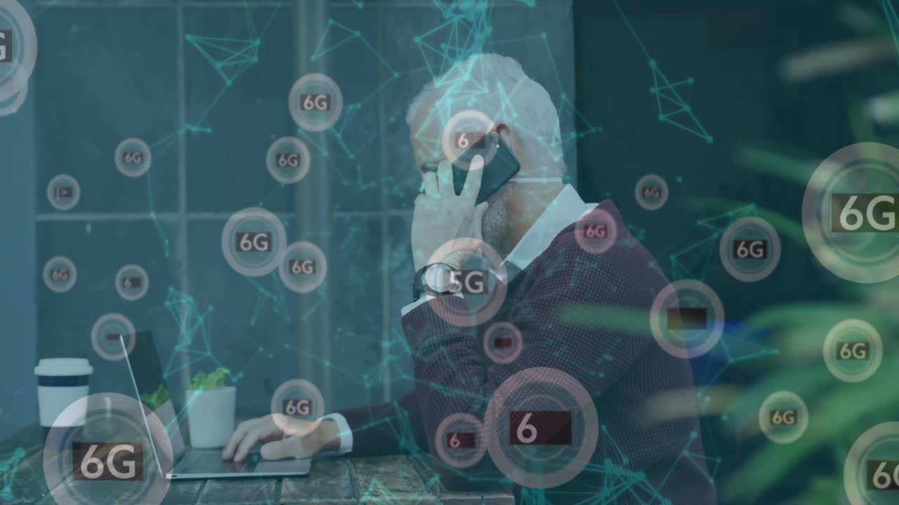 코로나19 세포의 애니메이션 시니어 남자가 마스크를 쓰고 있습니다.