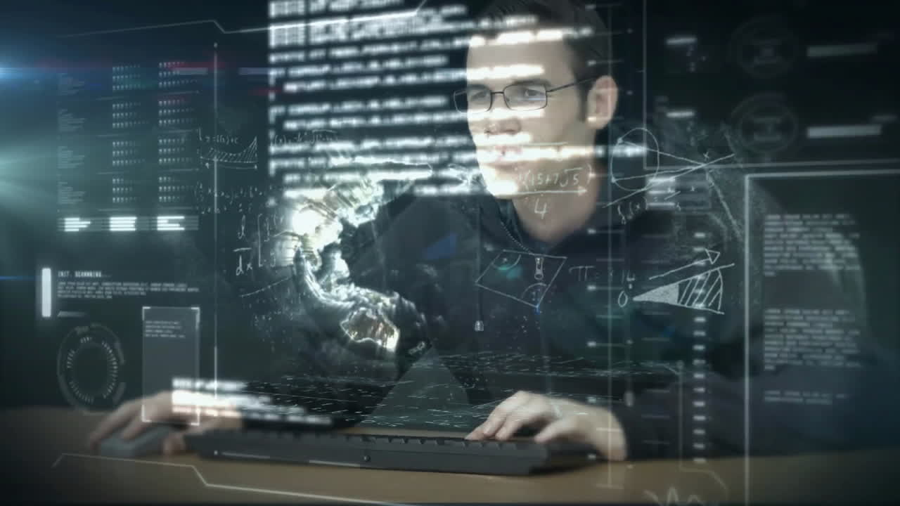 Man working on computer with digital data and world map overlay animation