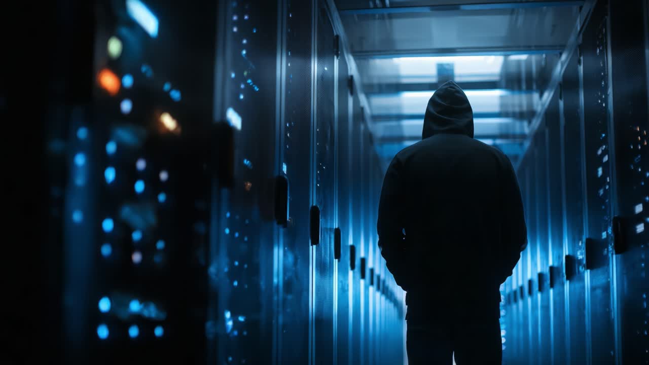 A Mysterious Figure in a Data Center: Exploring the Shadows of Technology and Security in a High-Tech Environment
