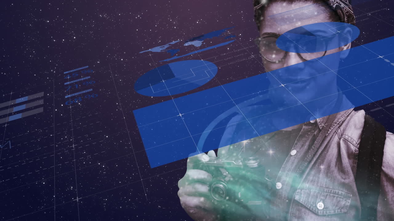 la animación digital muestra la tecnología de red global con íconos y procesamiento de datos.