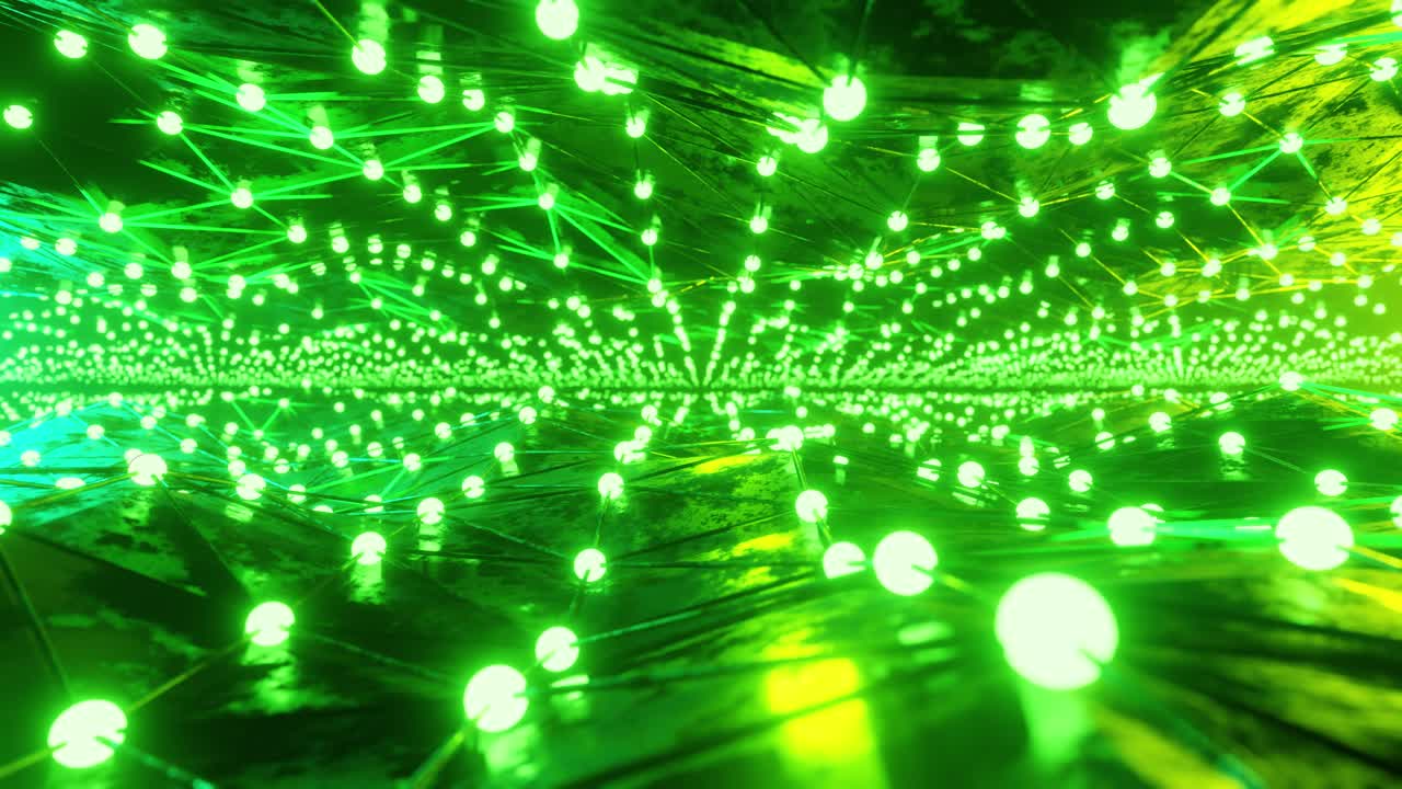 3D render animation of tunnel with green geometric neon illumination