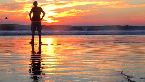 Un-Hombre-Está-Recortado-En-La-Luz-Dorada-Del-Atardecer-A-Lo-Largo-De-La-Costa-Central-De-California