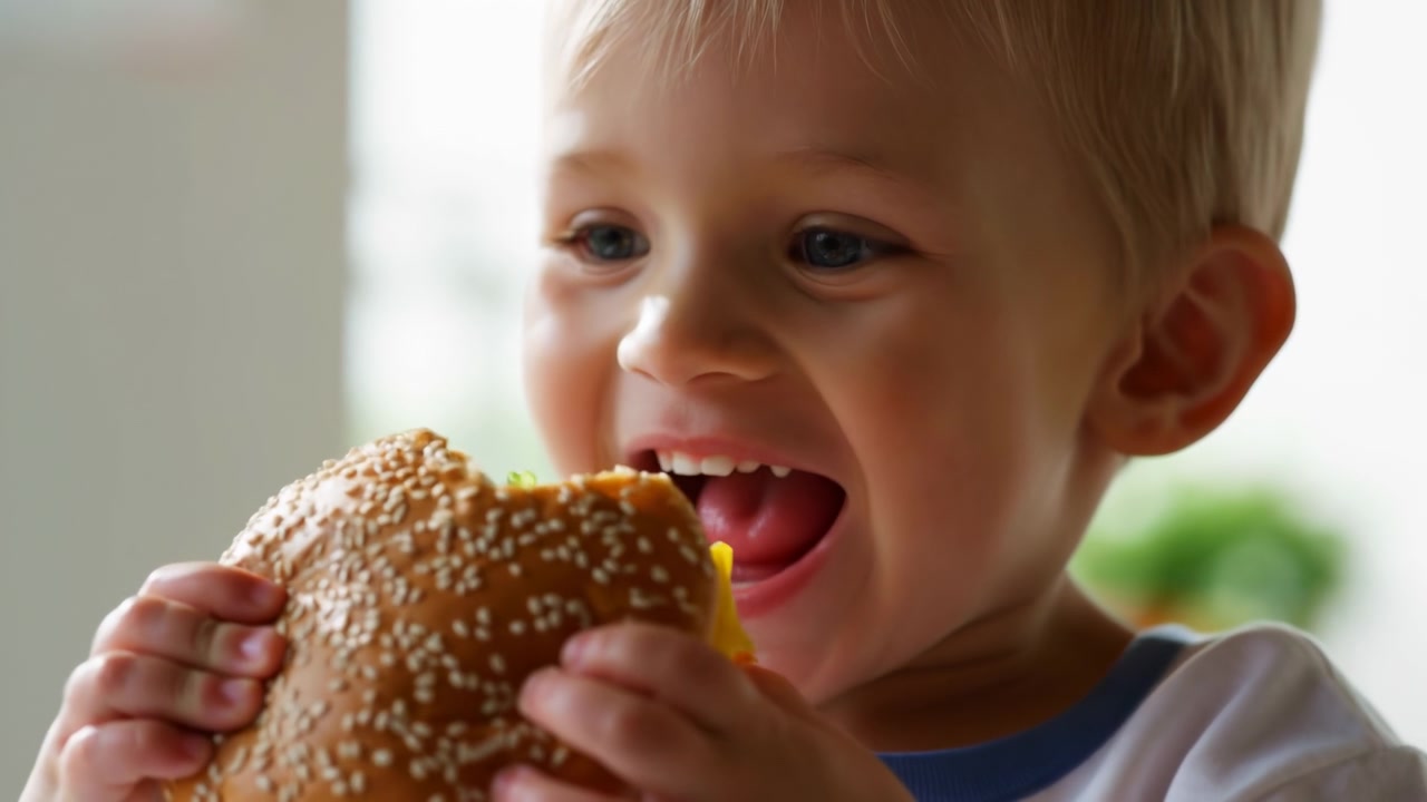 Blonde White Boy Eating Burger, Closeup Smiling Toddler Holding Sesame Bun With Cheese And Lettuce, Joyful
