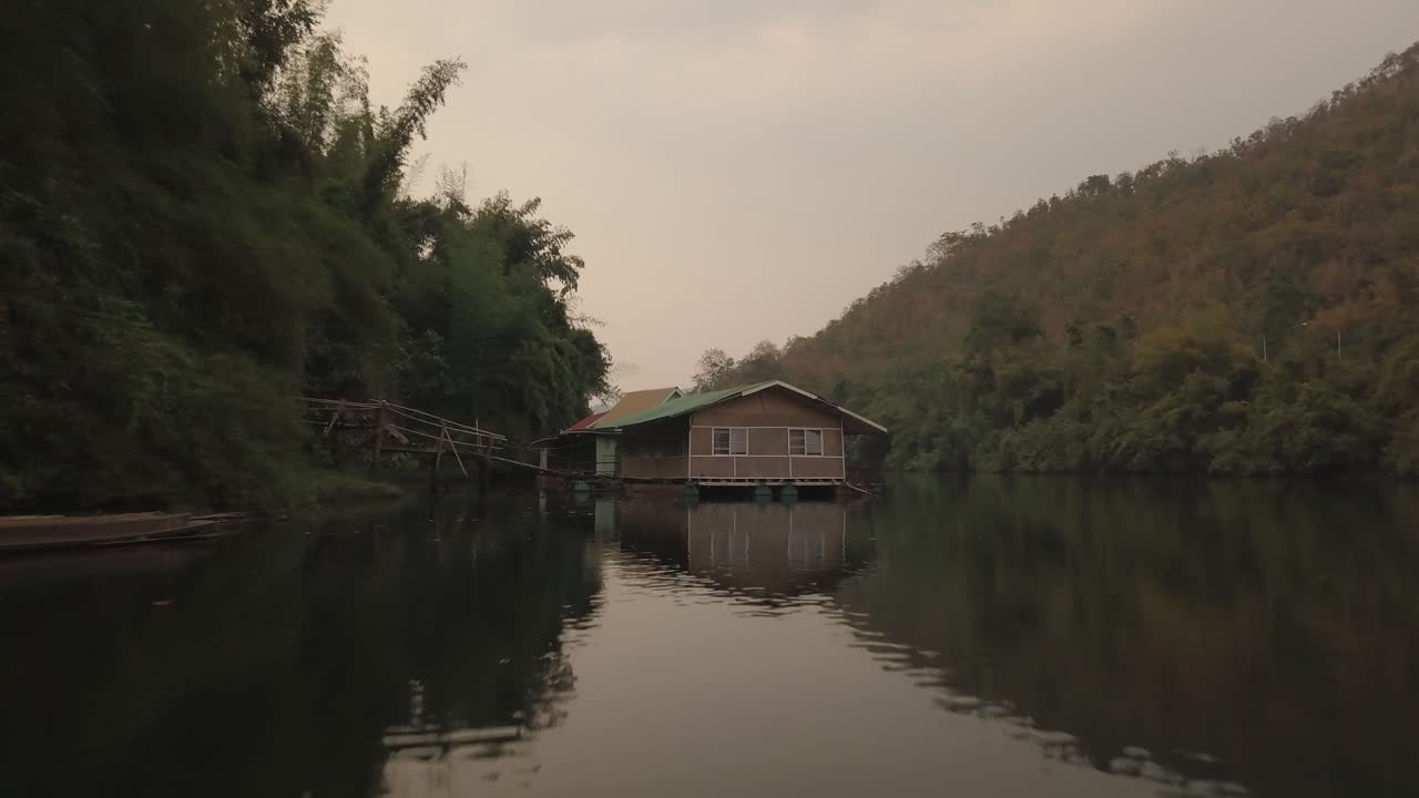 Aerial View of Scenic Landscape of Thailand Countryside, Houses on River in Twilight Before Sunrise