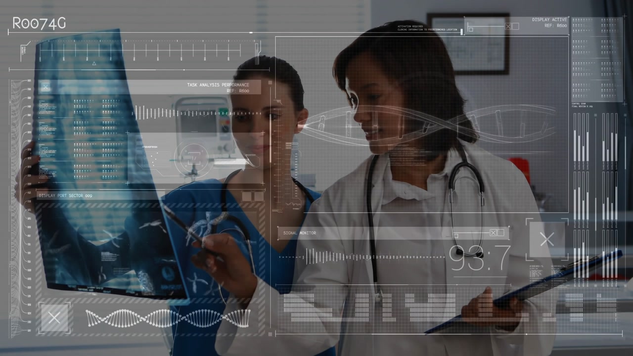 Two female clinicians holding chest X-ray and tracing findings, HUD updating for diagnostic review