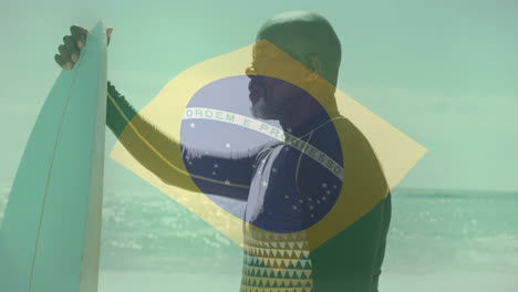 holding surfboard with brazilian flag, surfer standing on beach in animation