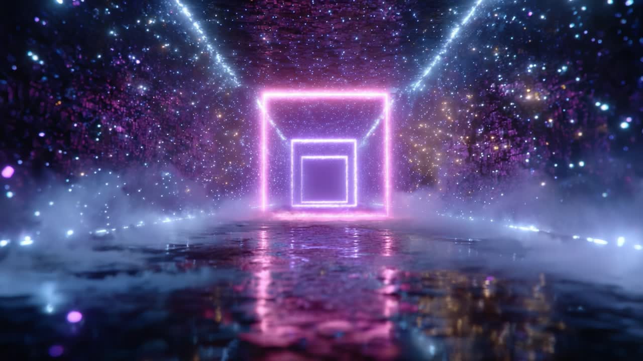 A mesmerizing digital pathway illuminated by glowing pink and blue lights, featuring an endless series of shimmering squares that create a captivating visual tunnel effect