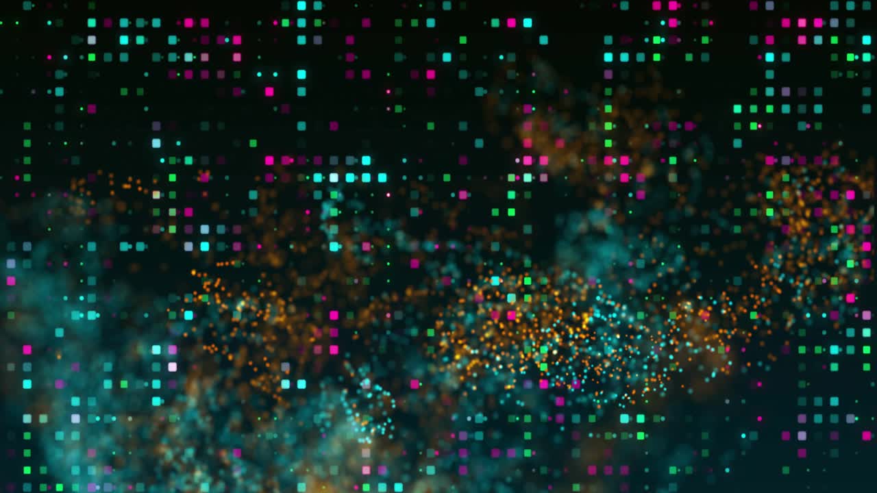 Golden orange and teal clouds emerging on grid colliding intertwining into ribbon showing fusion