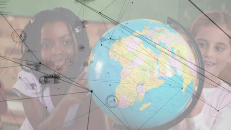 animation of networks of connections over diverse schoolchildren reading globe