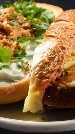 delicious sandwich topped with herbs and crispy onions served on a plate