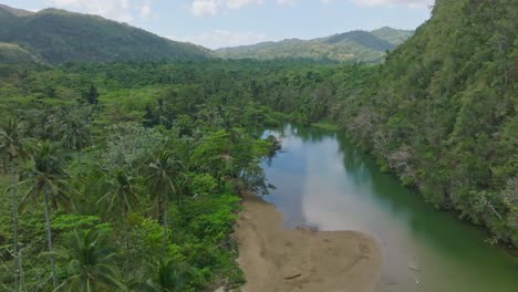 drone flying over rio san juan surrounded lush and tropical vegetation, samana in dominican republic