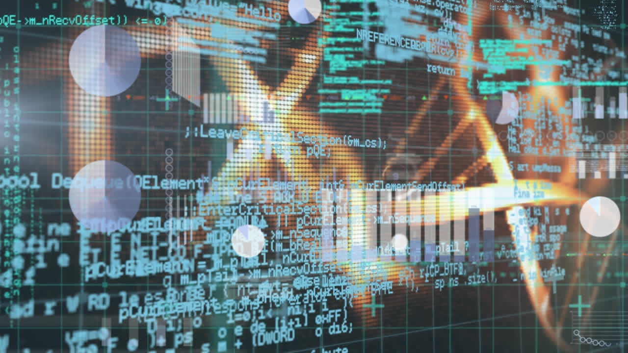 Animation of data processing over dna strands on black background