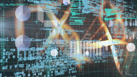 Animation of data processing over dna strands on black background