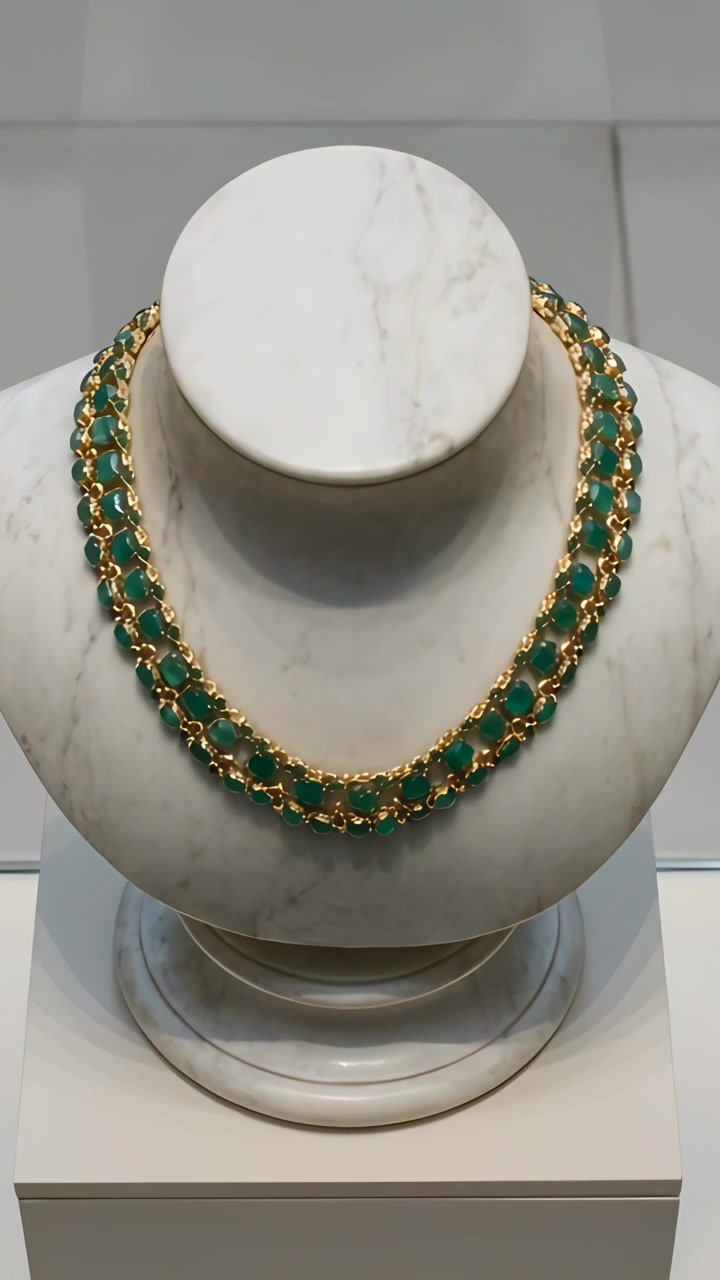 Video verticale: Rivelando una collana di gemme verdi su un busto in museo mentre la telecamera si allontana per una visione completa.