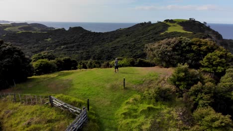 Man-stands-on-hill-enjoying-stunning-view-of-tropical-Urupukapuka-Island,-scenic-lookout-of-Bay-Of-Islands,-New-Zealand---aerial-orbit