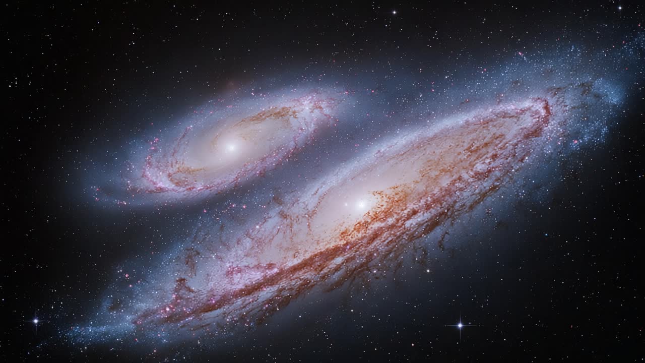 A stunning view of two majestic galaxies captured in the vastness of space, showcasing their swirling arms and brilliant cores amidst a star-filled cosmos