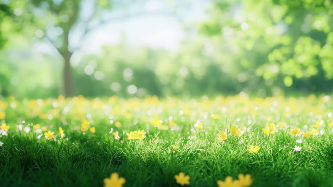 A serene meadow with yellow flowers, captured from a low-angle, creating a dreamy, cinematic video