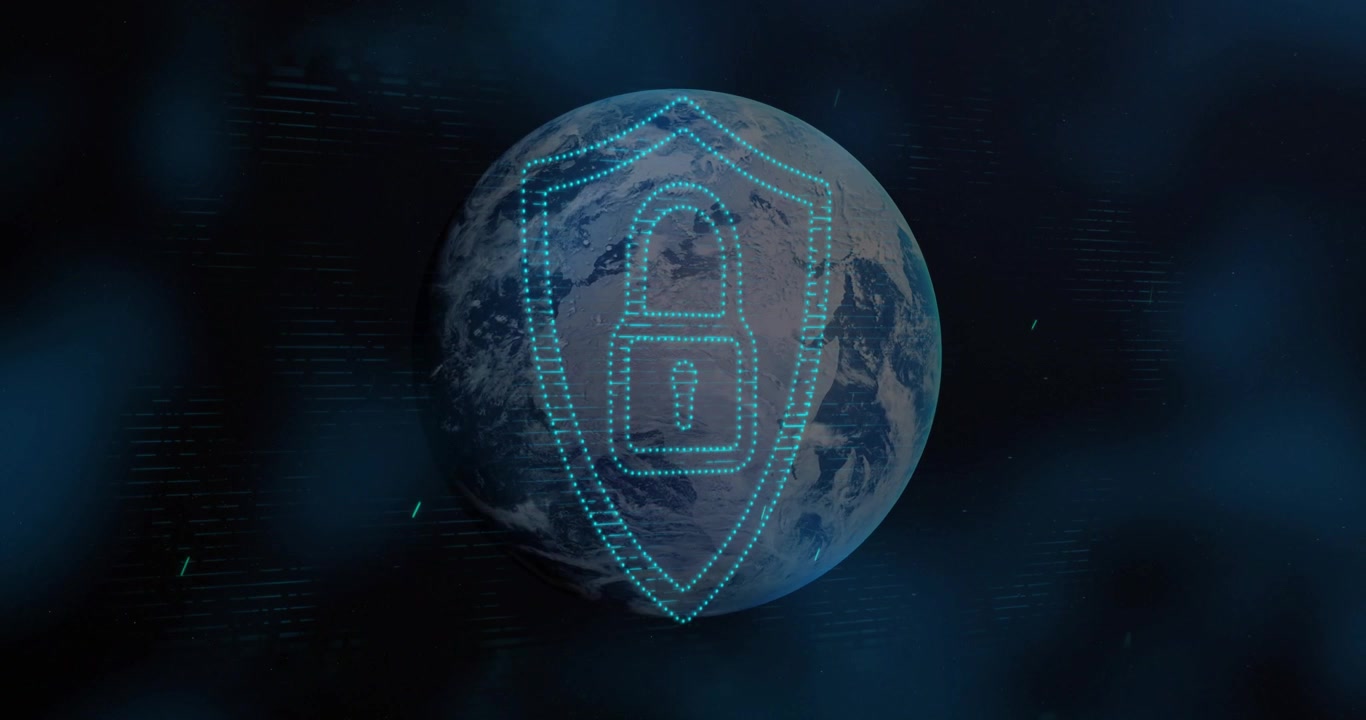Lens flare sweeping across holographic Earth initiating shield padlock drawing for data security