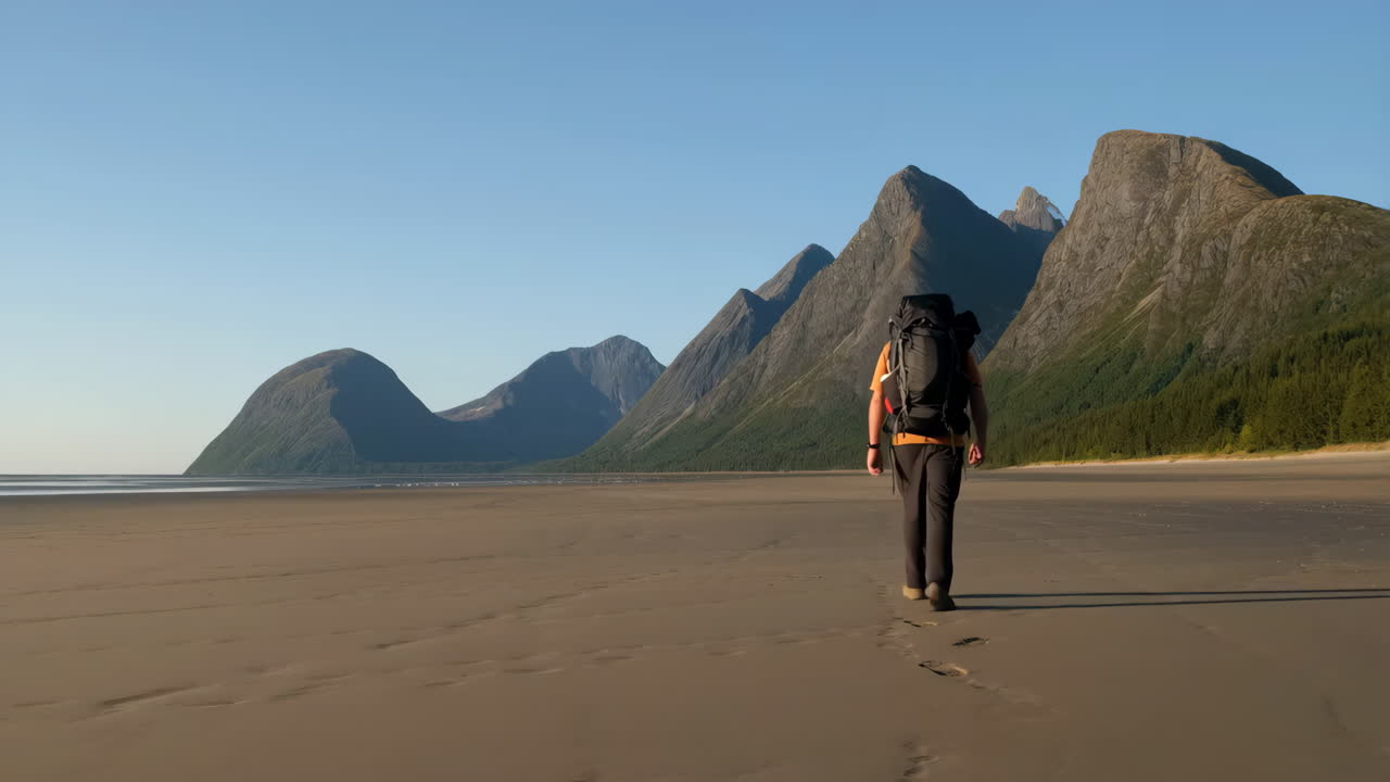 A lone hiker walks across a vast sandy beach towards towering mountains under a clear sky