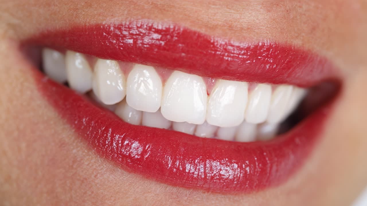 The Transformation of a Smile: From Bright, White Teeth to Elegant, Luscious Lips Highlighted by Bold Red Lipstick in a Captivating Close-up Sequence