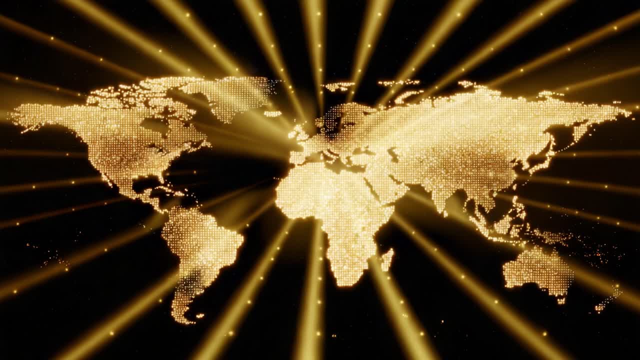 A Stunning Visualization of a World Map with Beautiful Light Rays Radiating from Central Points, Illuminating Geographical Features and Highlighting Key Areas on a Dark Background