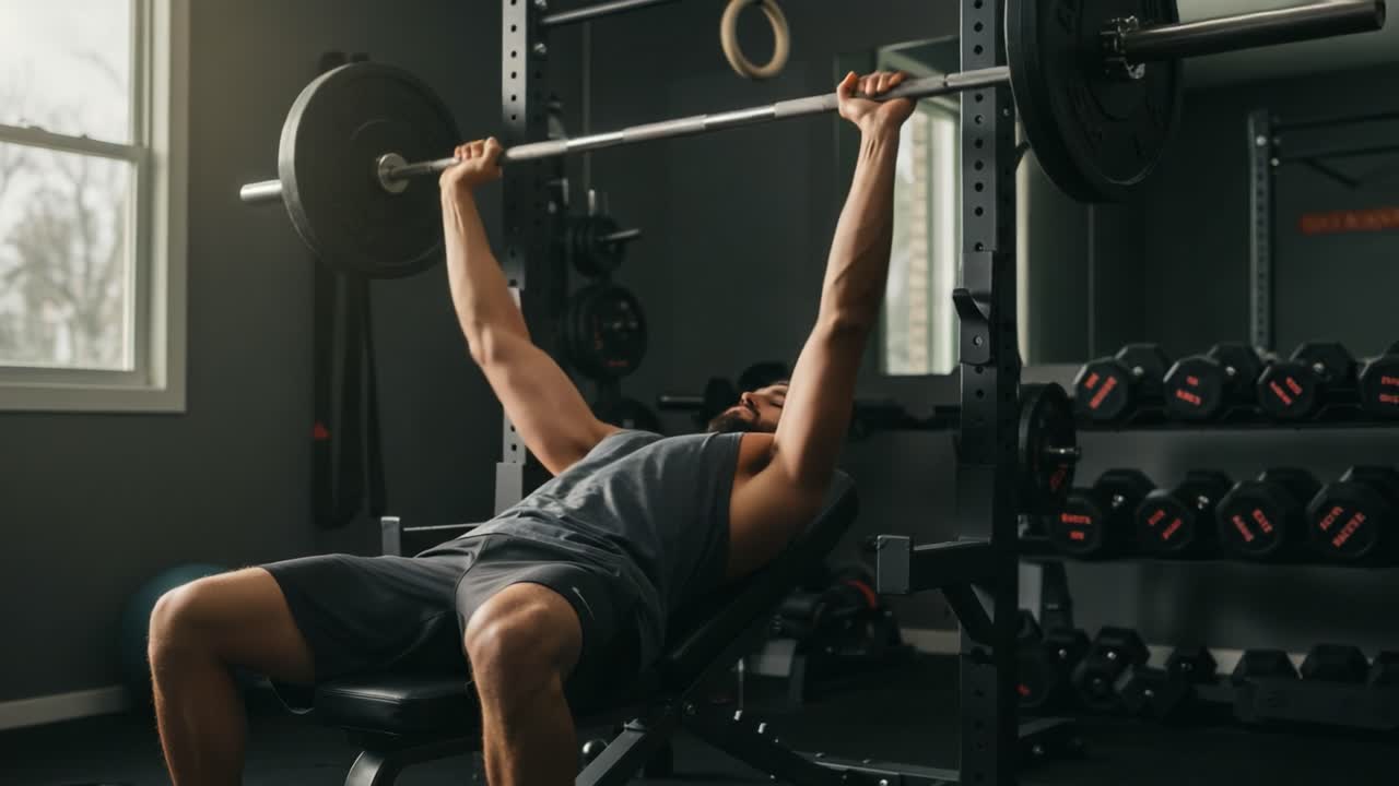 A determined individual engages in an intense weightlifting session, focusing on bench press techniques within a well-equipped gym environment, showcasing strength and dedication.
