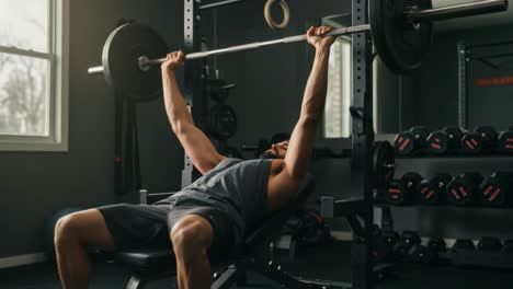 a determined individual engages in an intense weightlifting session, focusing on bench press techniques within a well-equipped gym environment, showcasing strength and dedication.