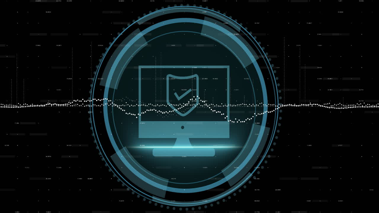 Animation of shield icon and data processing over black background