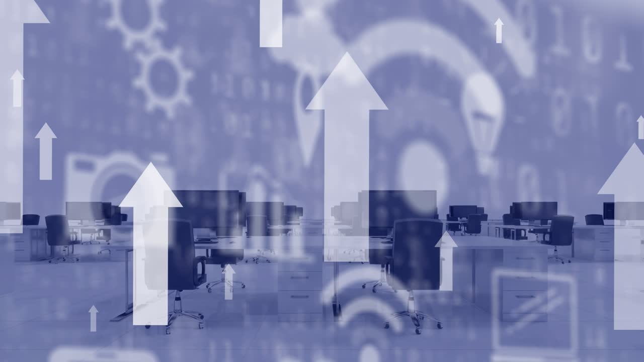 사무실 위에 날아다니는 아이콘의 애니메이션