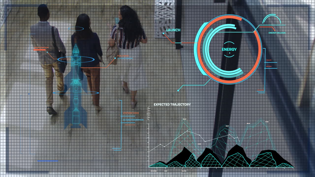 Walking in mall, three people with animation of futuristic data analysis overlay