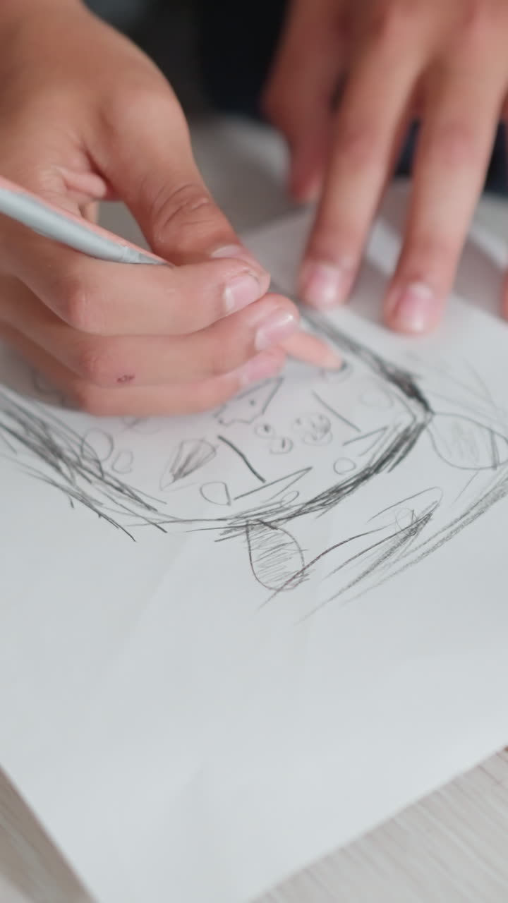 Primer plano de las manos de un niño dibujando con un lápiz sobre un papel blanco apoyado en la tapa de un libro grueso, que muestra un enfoque creativo y habilidades artísticas tempranas con líneas simples y toscas.