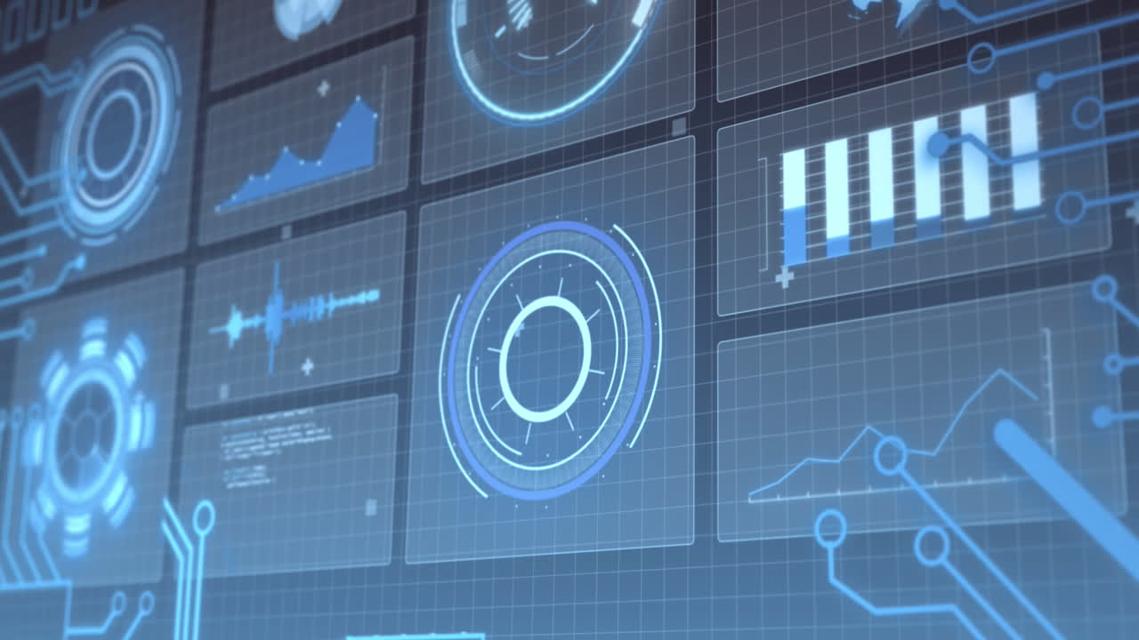 Animation of hud screens with multiple graphs over grid pattern