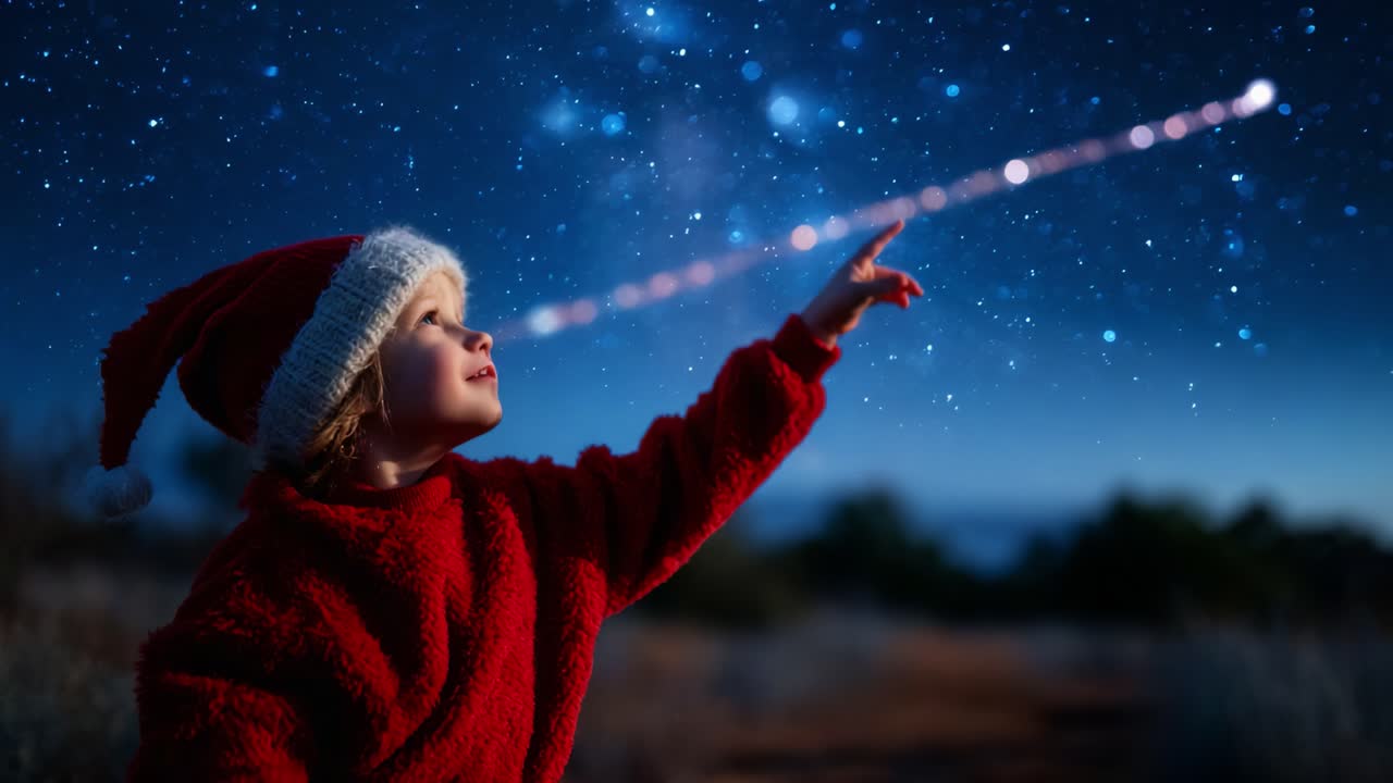 A young child in a festive Santa hat gazes up at the starry night sky, pointing with wonder as vibrant celestial lights twinkle above, inspiring dreams and imagination