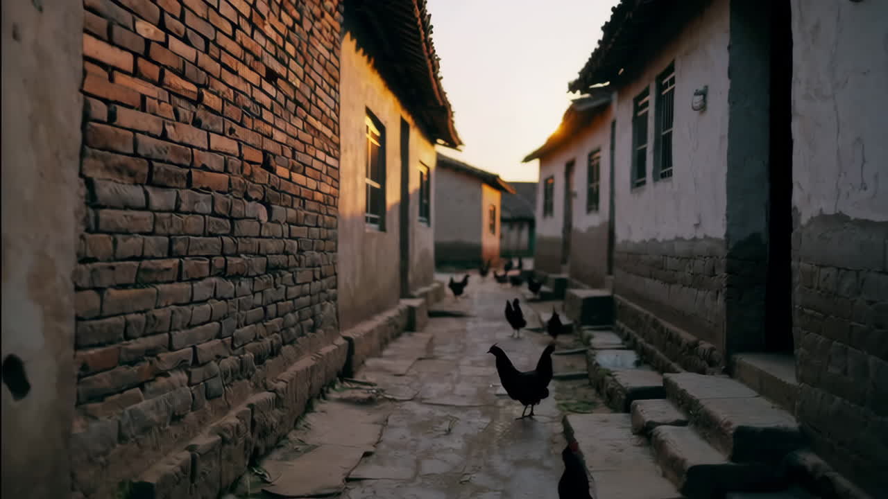 Sunset in a Rural Village Alley with Chickens