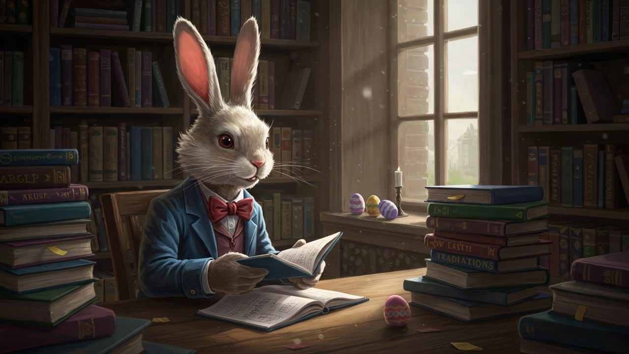 An Enigmatic Rabbit Scholar Absorbed in Reading, Surrounded by Books, Illustrating a Whimsical Yet Thoughtful Atmosphere of Imagination and Discovery
