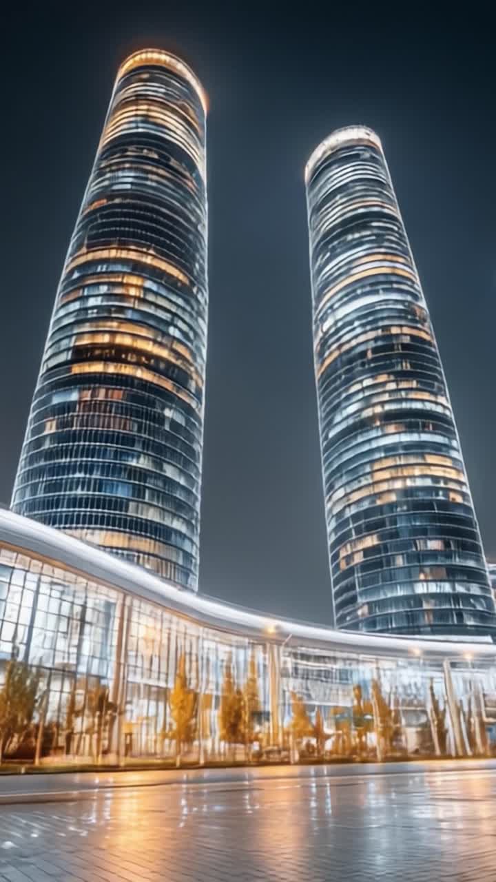 Vista Noturna Deslumbrante de Dois Arranha-céus Icônicos Iluminados Contra o Céu do Crepúsculo, Destacando a Arquitetura Moderna e o Design Urbano em um Cenário de Metrópole