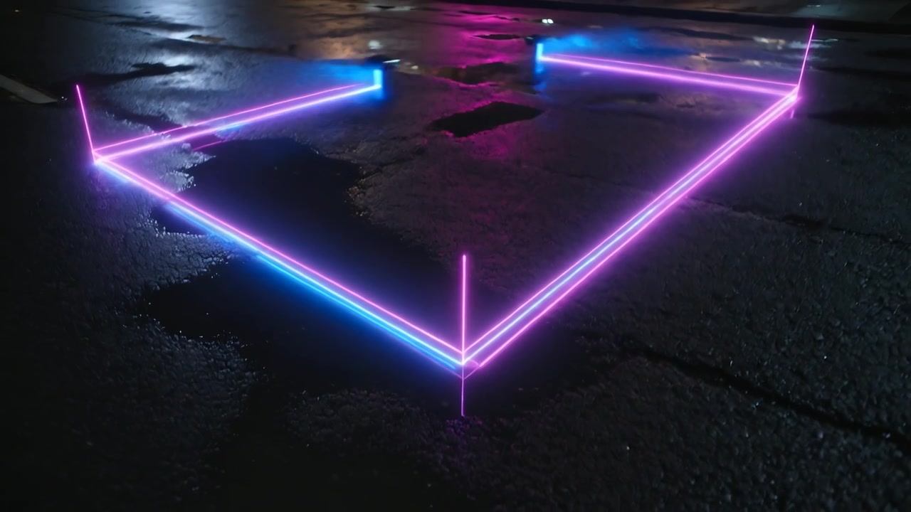 Powering on, neon light frame expanding across wet pavement at night, casting puddle reflections