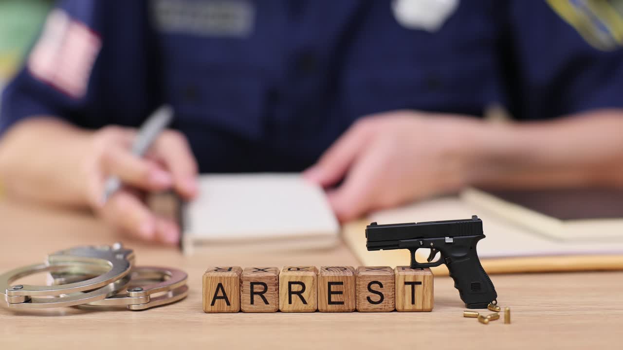 Arrest scene with gun, handcuffs, and police officer writing report