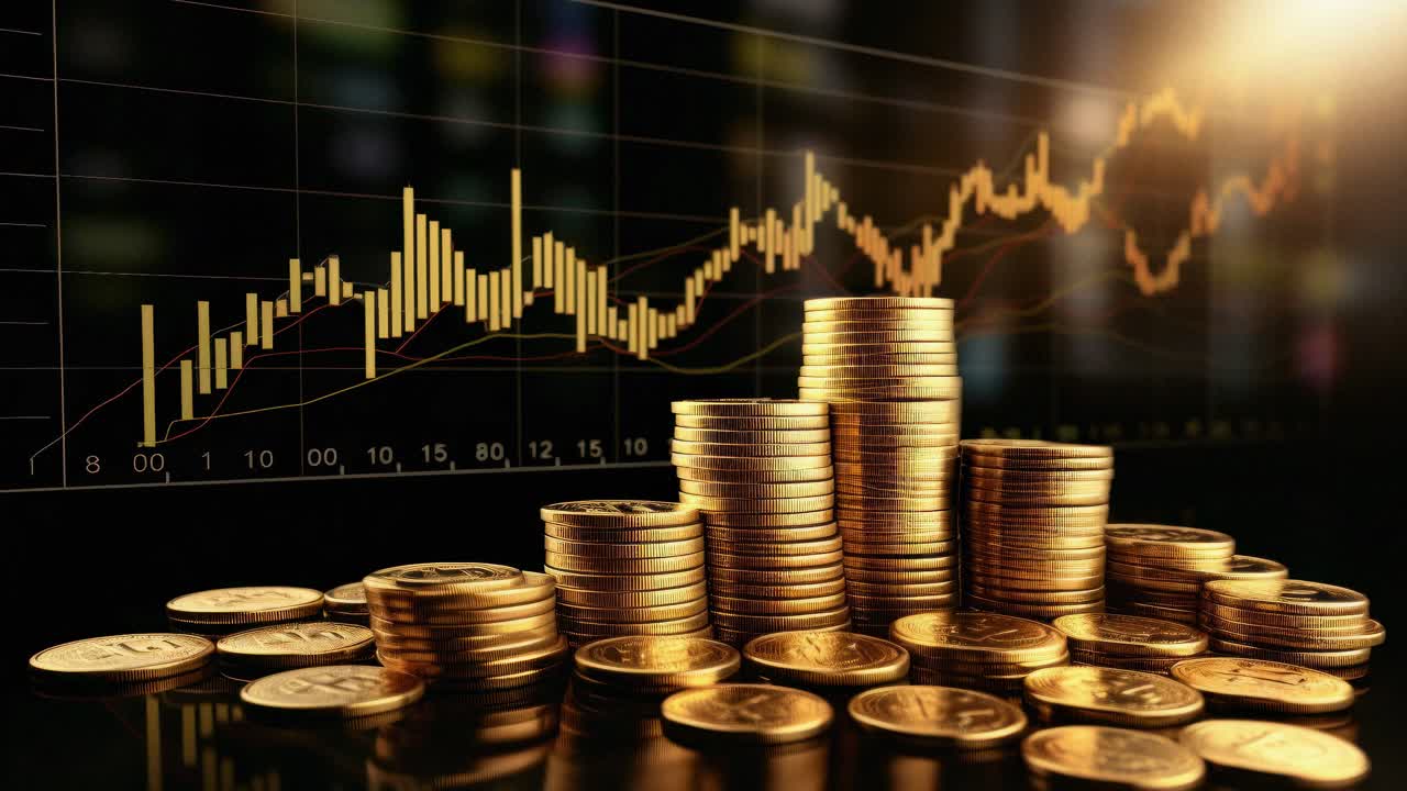Low-angle video shot of stacked gold coins against a backdrop of rising stock market graphs