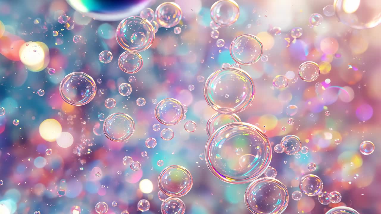 Materializing soap bubble cluster in abstract space, drifting and revealing rainbow hues with bokeh