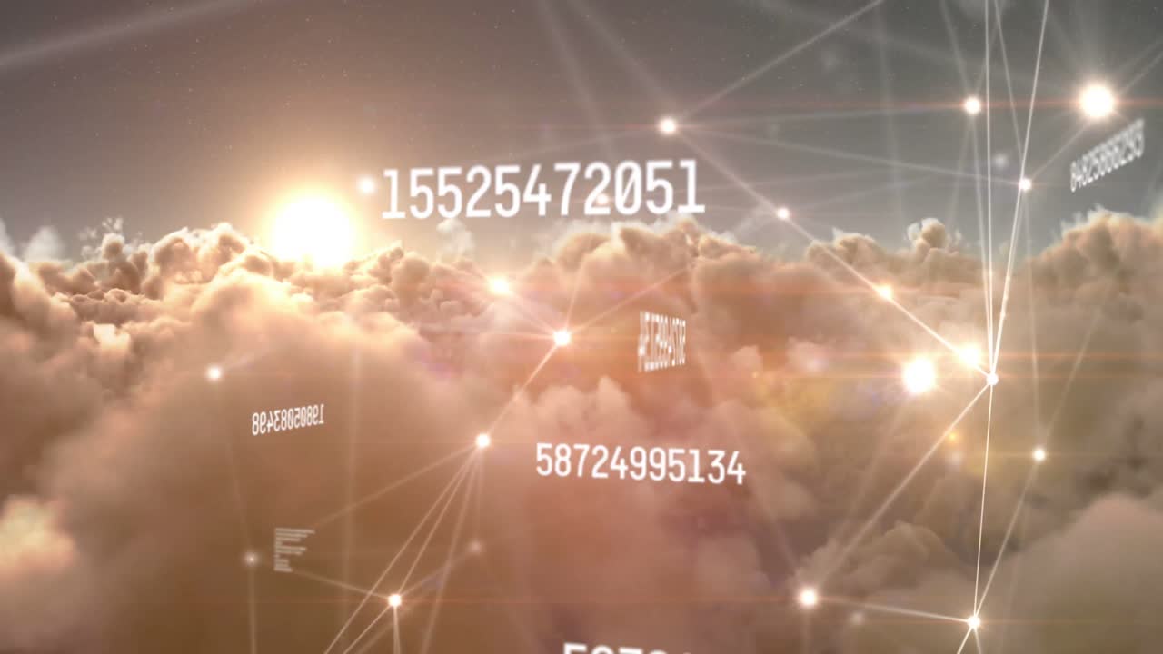 animación de números y red de conexiones sobre el cielo al atardecer