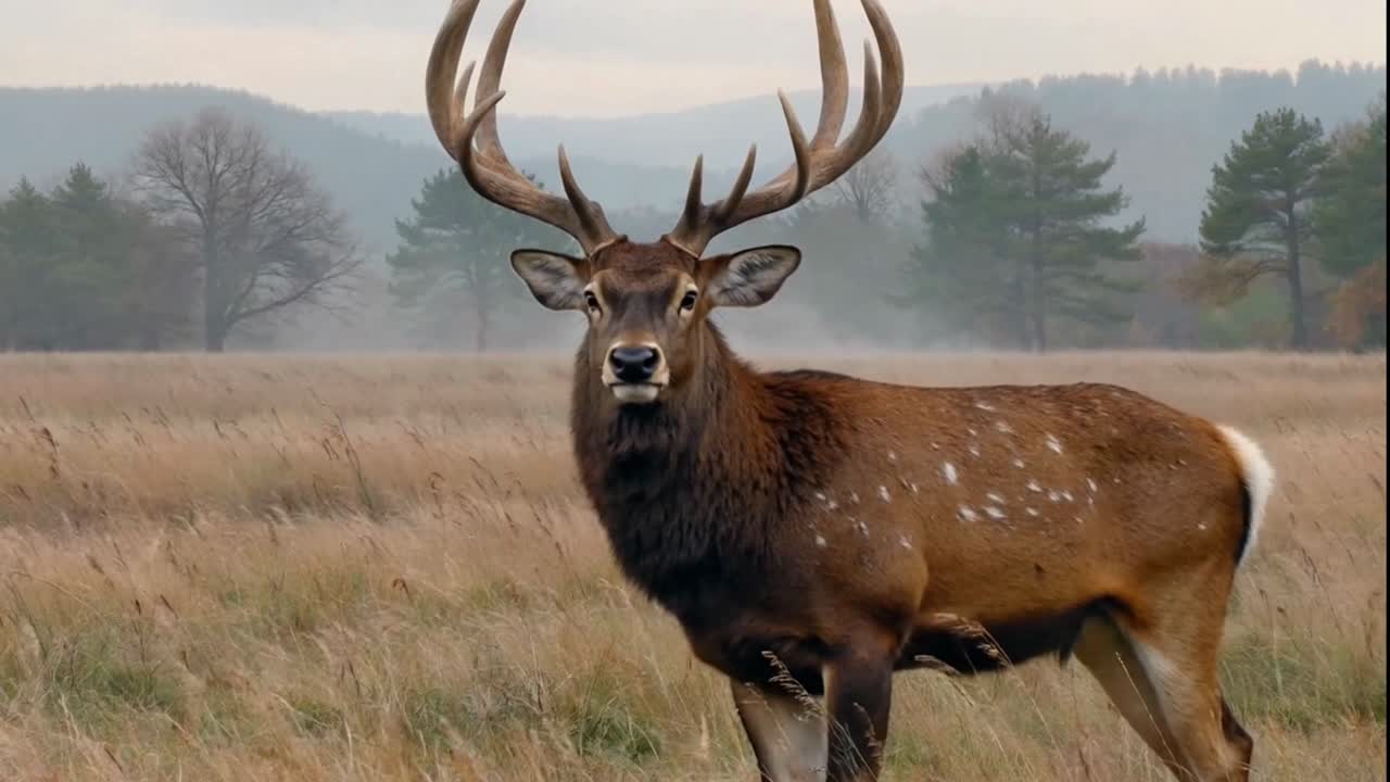 Majestic Stag with Large Antlers Standing Proudly in a Misty Autumn Field.