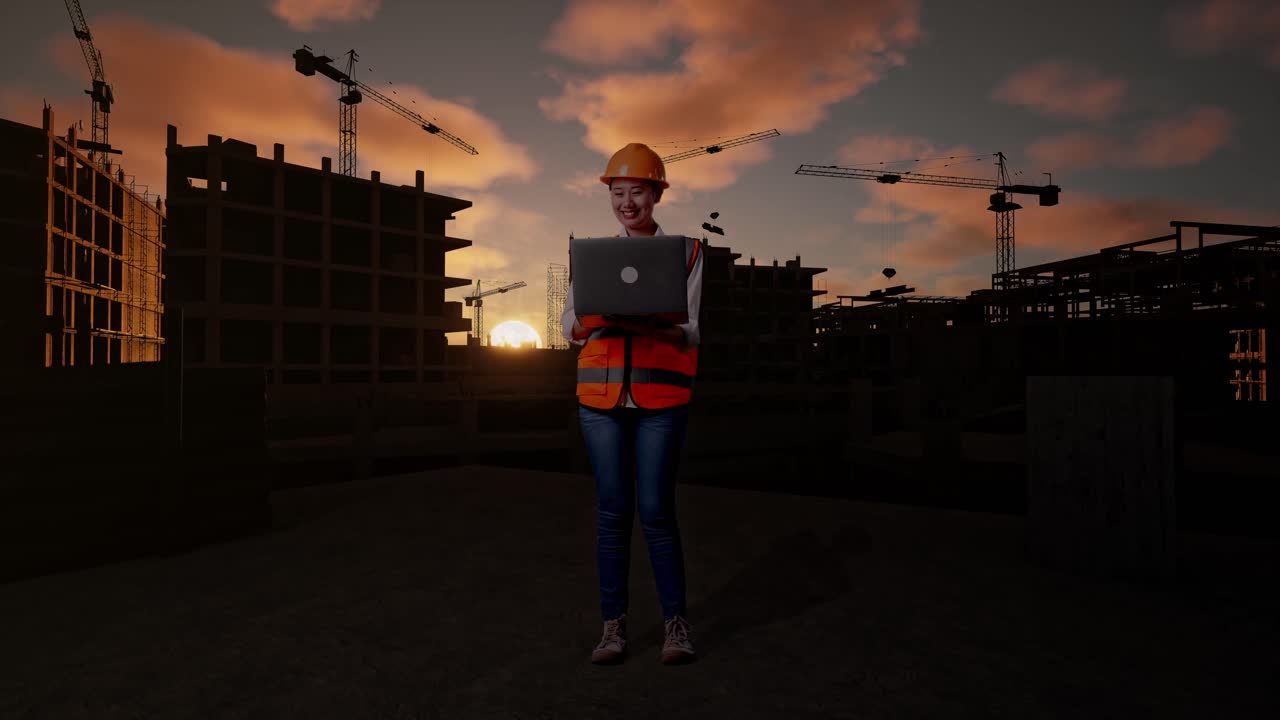 Full Body Of Asian Female Engineer With Safety Helmet Working On A Laptop While Standing At Construction Site in Progress to New House