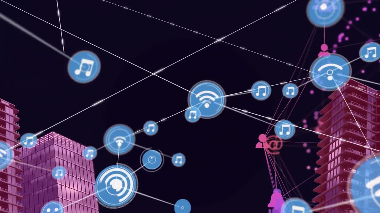 회색 배경에 대한 3d 빌딩 모델 위의 디지털 아이콘 네트워크의 애니메이션
