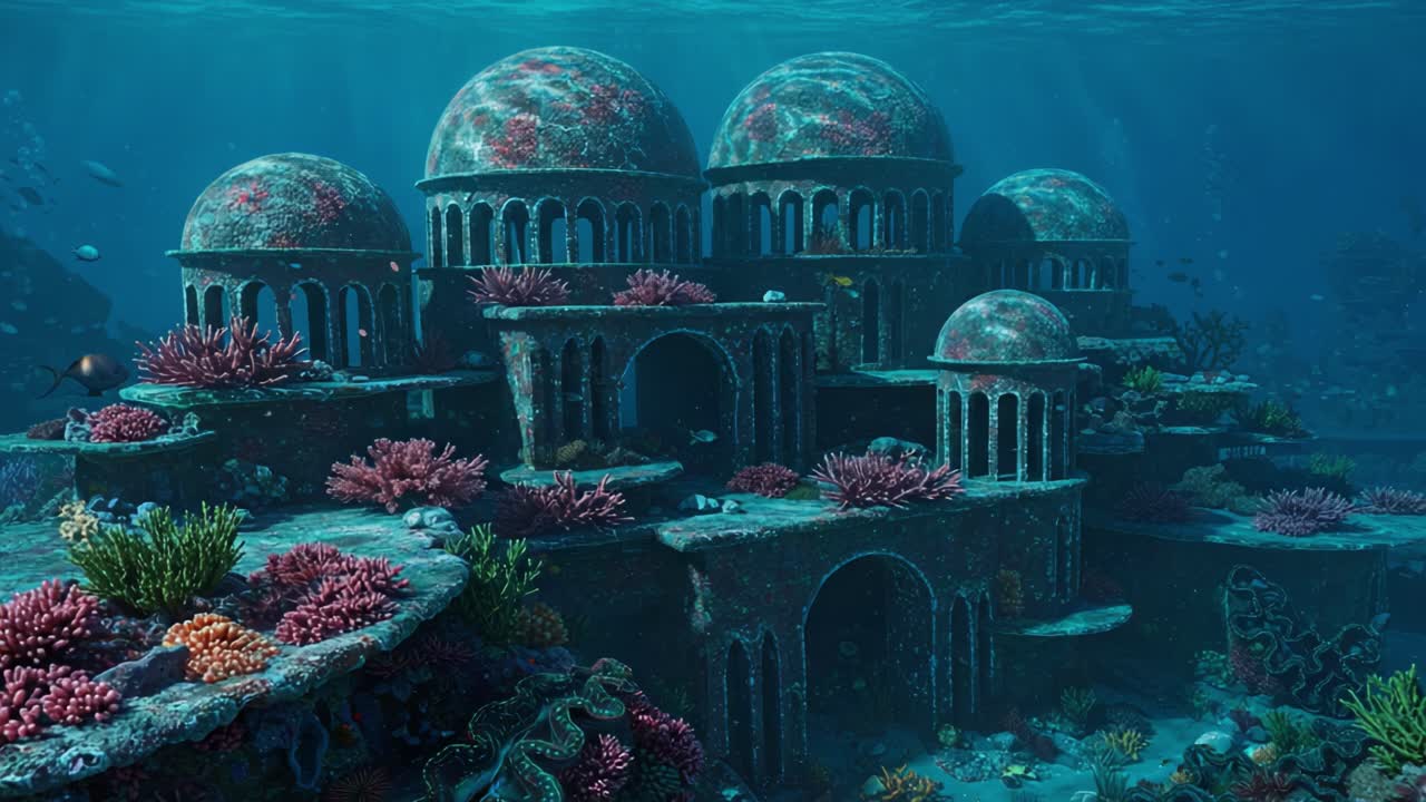 An Enchanting Underwater City Filled with Coral, Exotic Fish, and Ancient Architecture, Captured in Two Stunning Frames That Showcase the Beauty of the Ocean Depths