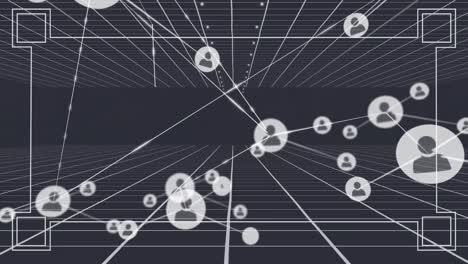 animation of network of connections with icons over grid