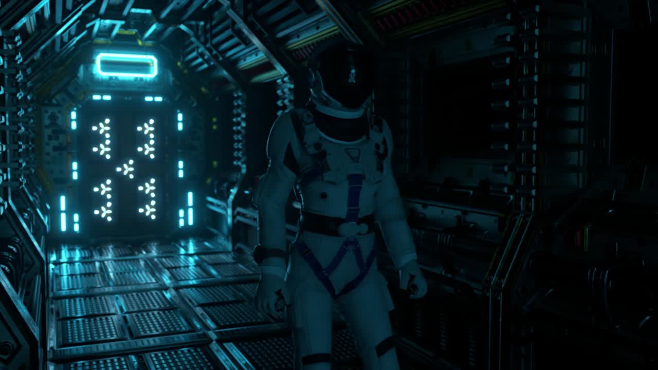 astronauta caminando en el túnel de la nave espacial, corredor del transbordador de ciencia ficción. tecnología abstracta futurista. tecnología y concepto futuro. luz parpadeante. animación 3d