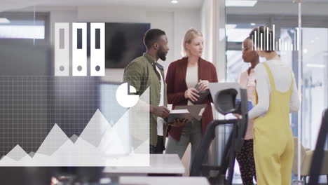 animation of financial data processing with icons over diverse colleagues having meeting in office